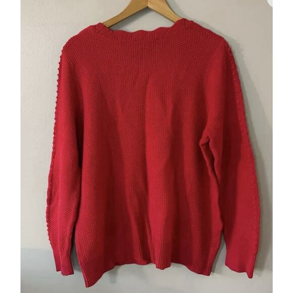LOFT Red Scalloped Cotton Bobble Sleeve Sweater Women’s Small Long Sleeve Knit - Picture 3 of 7